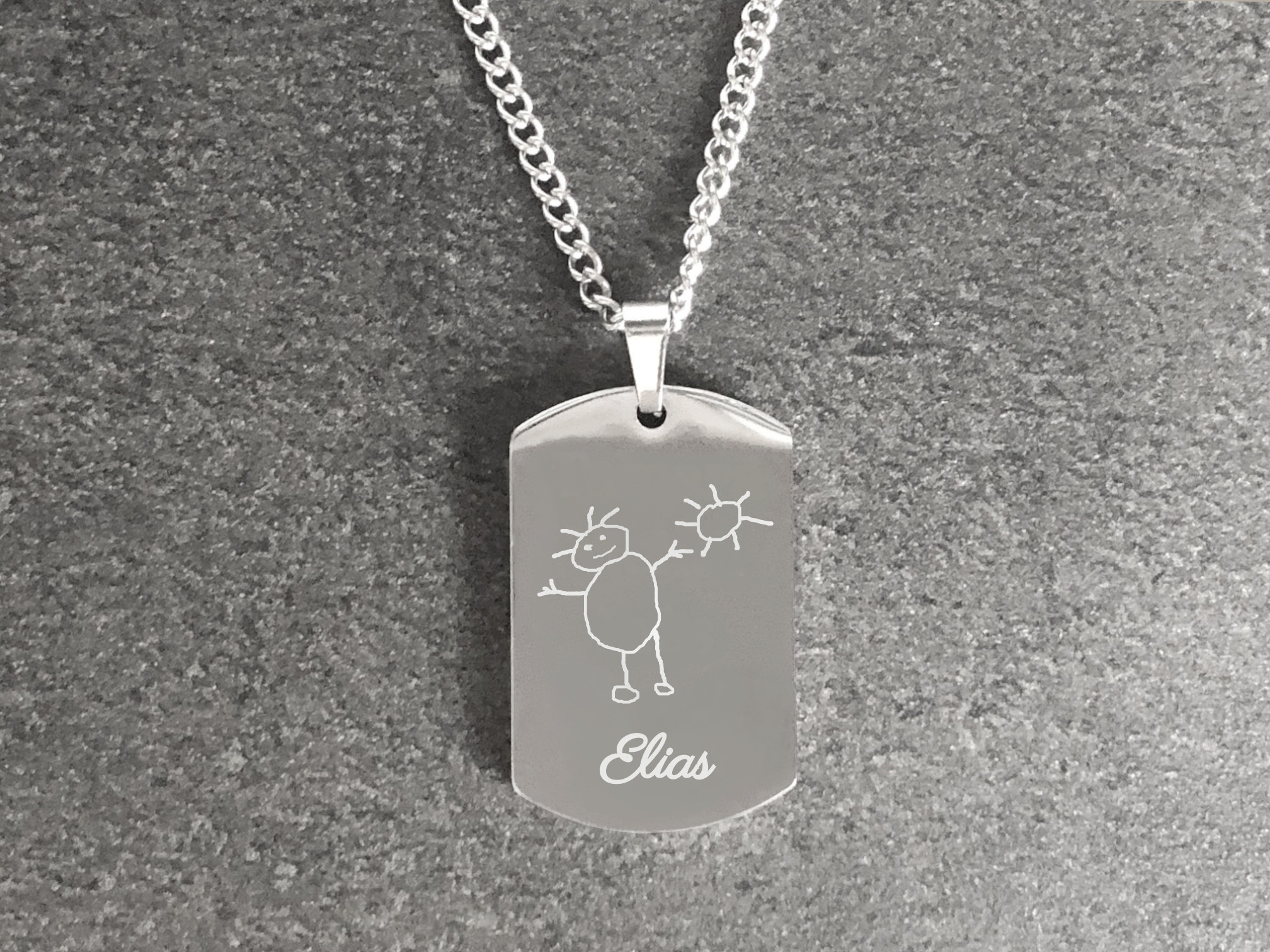 Collier DARIS4 homme personnalisé acier inoxydable argenté médaille militaire gravée dessin denfant - MARJANE et Cie