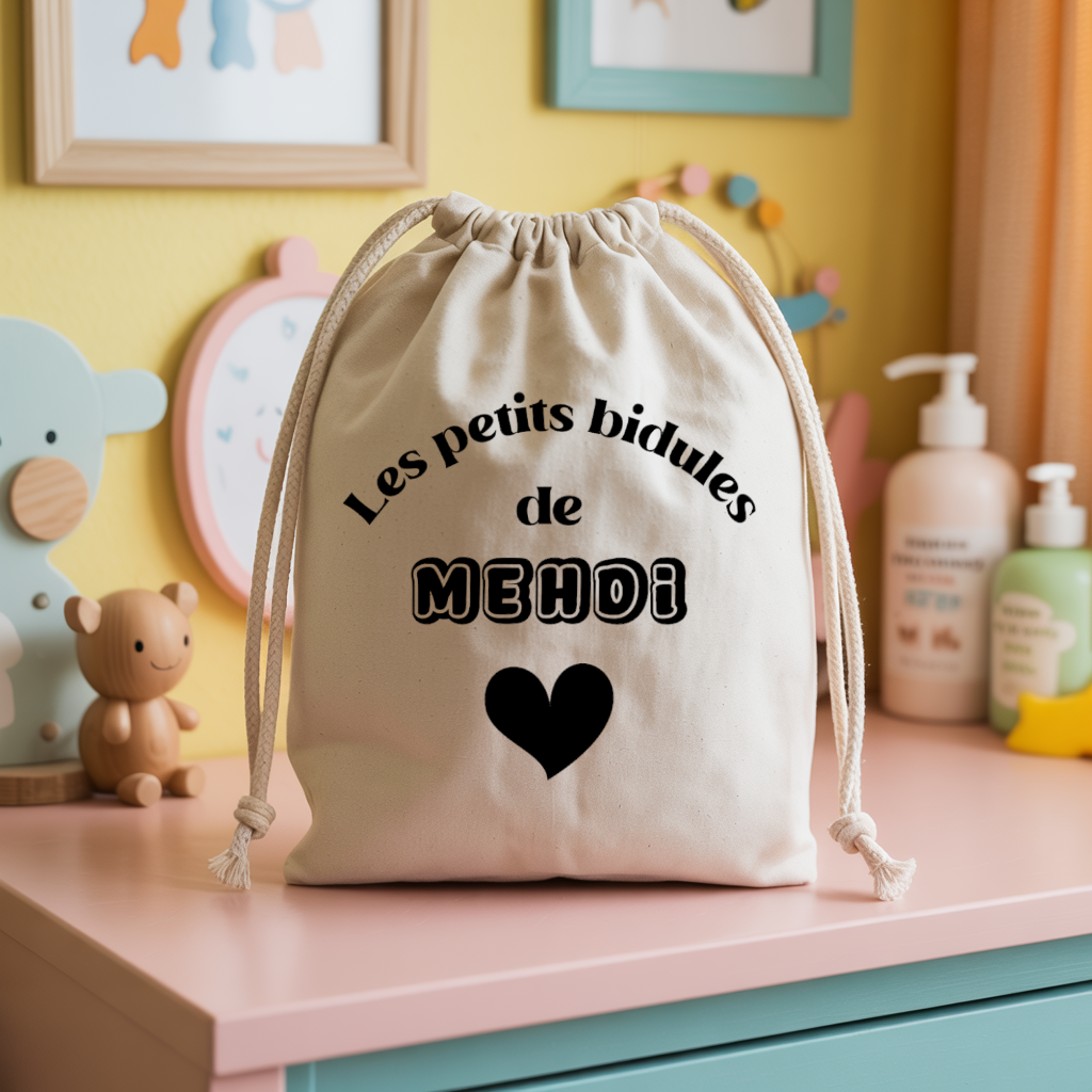 Sac pochon bébé personnalisable éléphant tendre face texte et cœur, coton, flocage couleur, cadeau naissance - MARJANE et Cie
