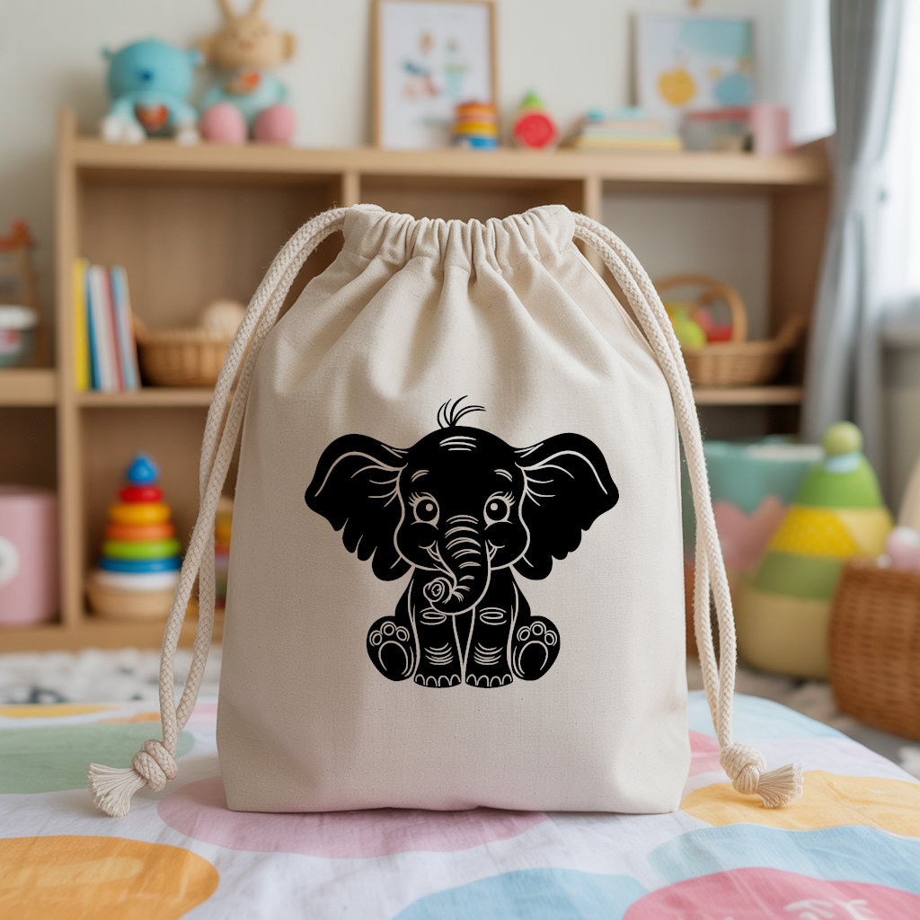 Sac pochon bébé personnalisable éléphant tendre en coton avec flocage, cadeau naissance- MARJANE et Cie
