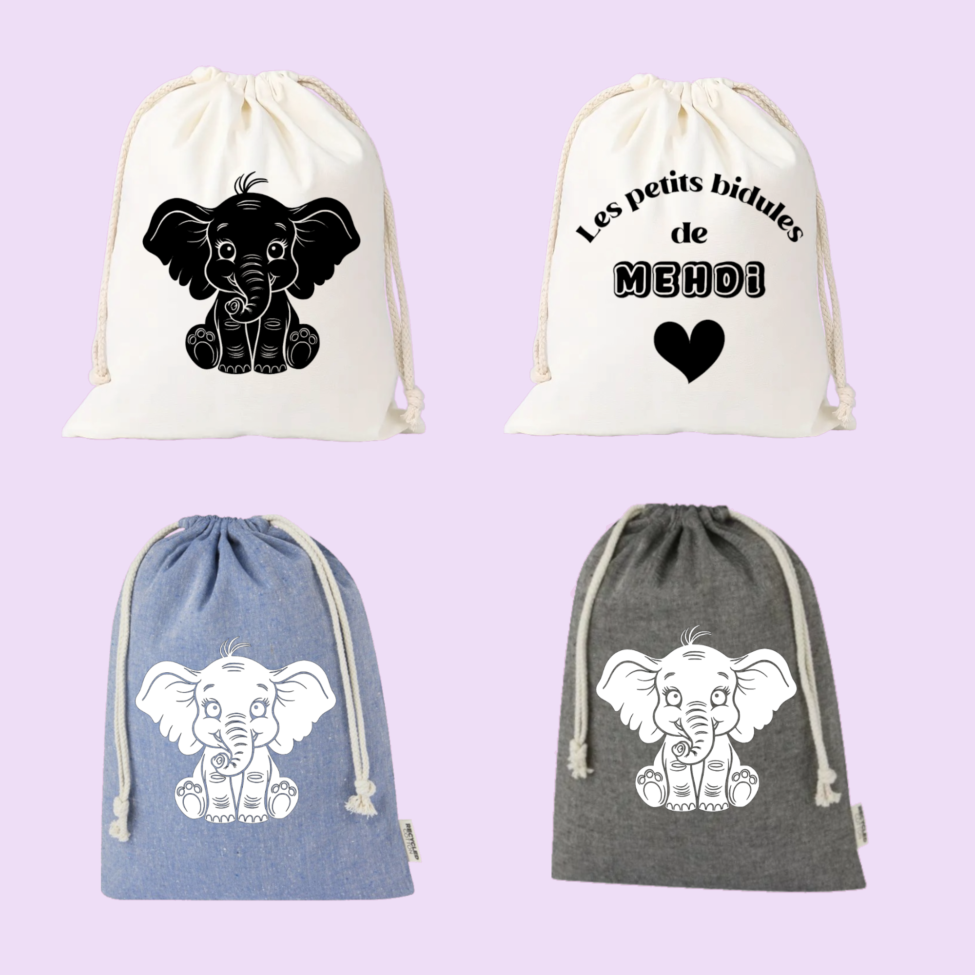 Sac pochon bébé personnalisé éléphant tendre et prénom en coton avec flocage, coloris disponibles - MARJANE et Cie