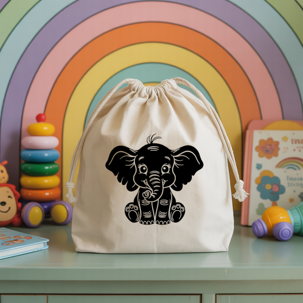 Sac pochon bébé personnalisé éléphant tendre en coton avec flocage couleur - MARJANE et Cie