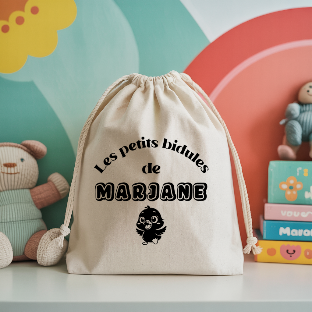 Sac pochon bébé personnalisé éléphant tendre face prénom et poussin, coton, flocage couleur - MARJANE et Cie