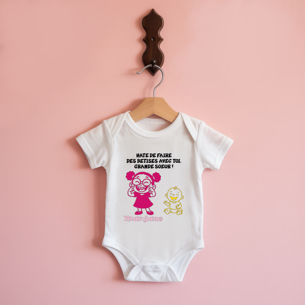 Body bébé personnalisable avec annonce grossesse à grande sœur sur cintre - MARJANE et Cie