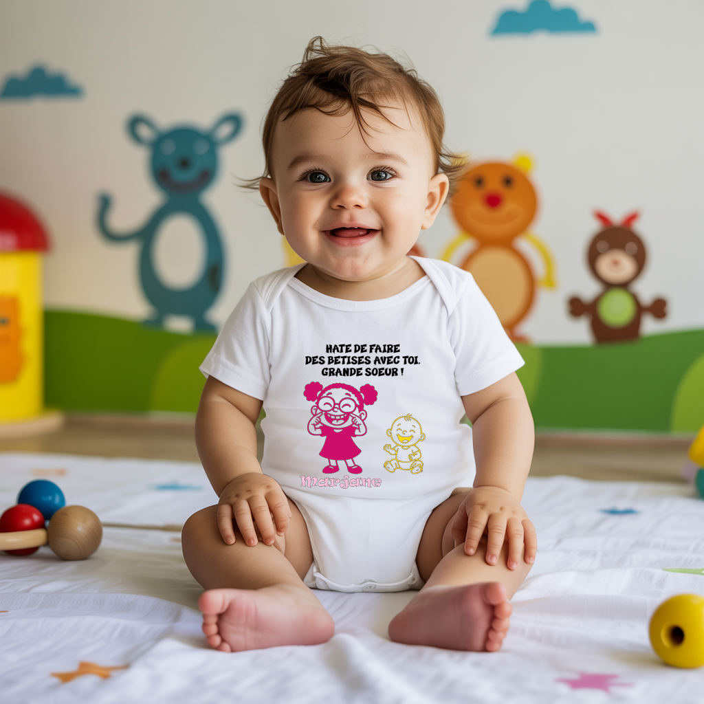 Body bébé personnalisé en coton annonce grossesse à grande sœur porté par bébé - MARJANE et Cie