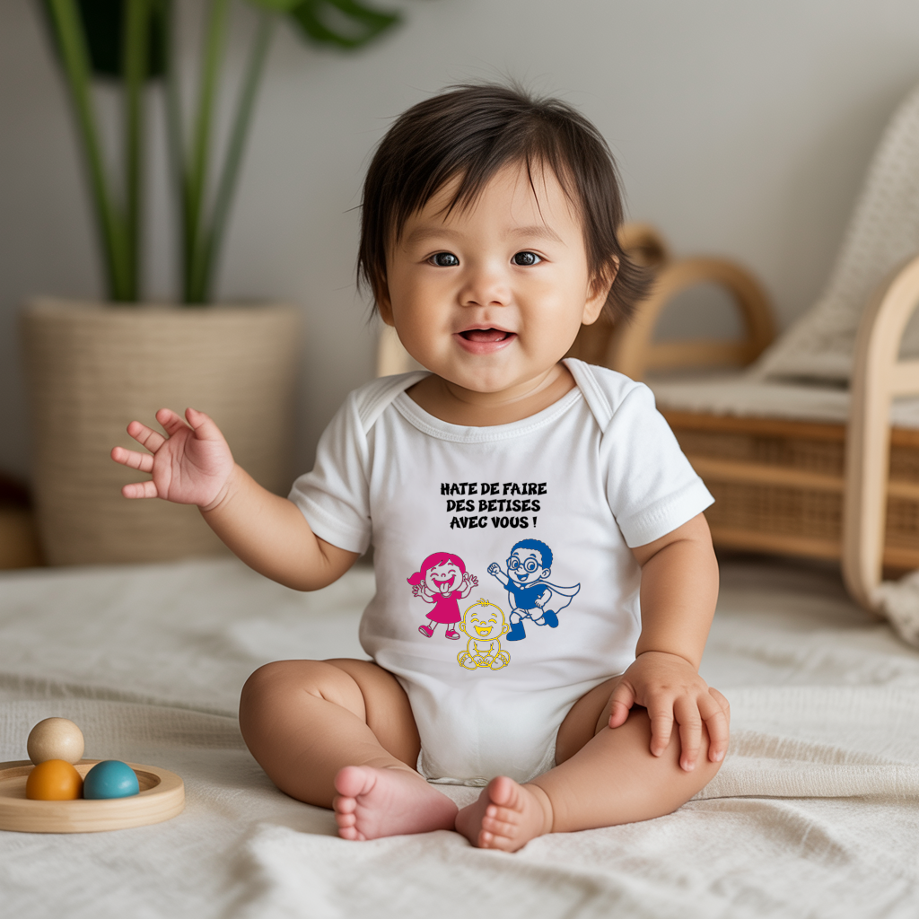 Body bébé personnalisé en coton annonce grossesse à frères et sœurs porté par bébé - MARJANE et Cie