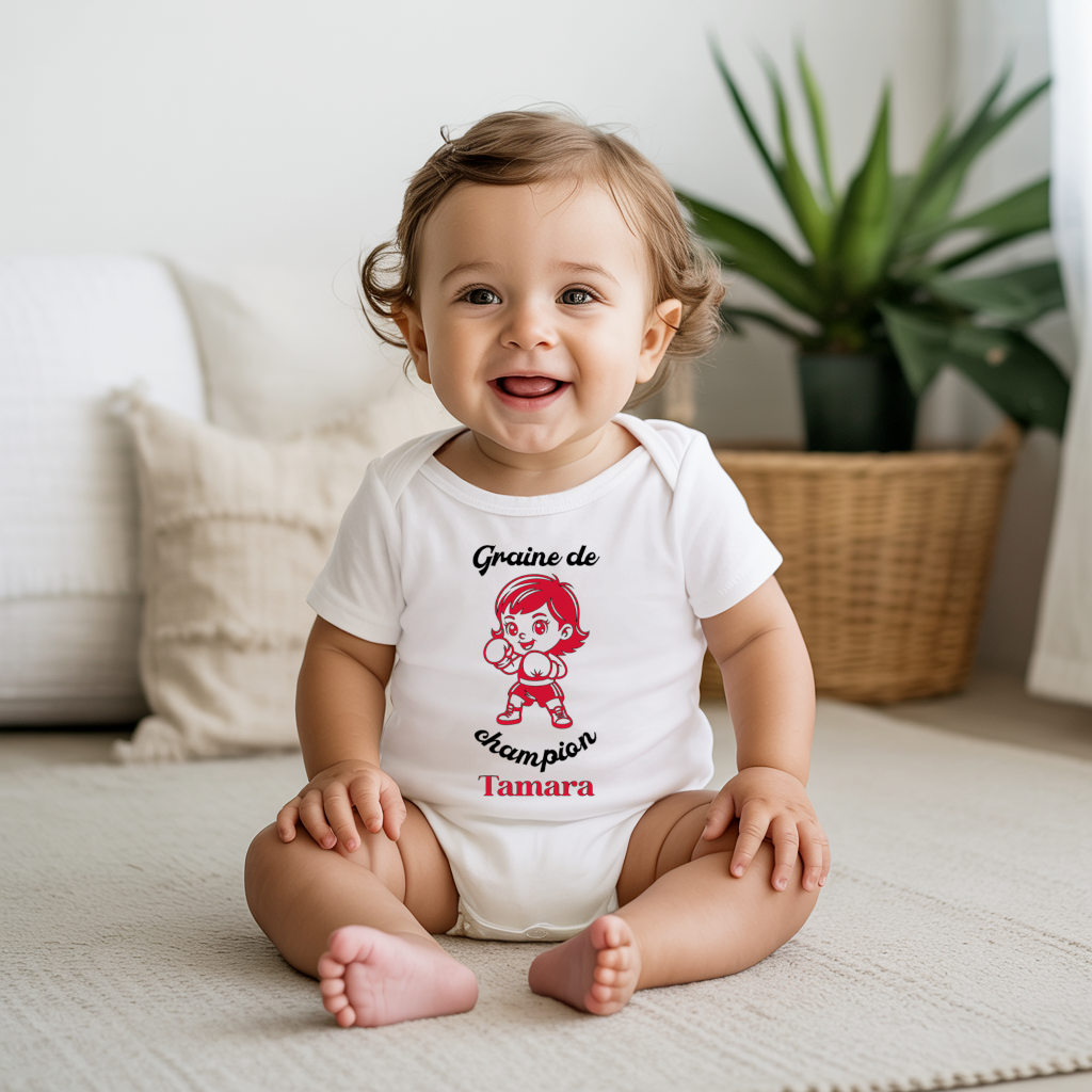 Body bébé personnalisé en coton fille faisant de la boxe porté par bébé - MARJANE et Cie