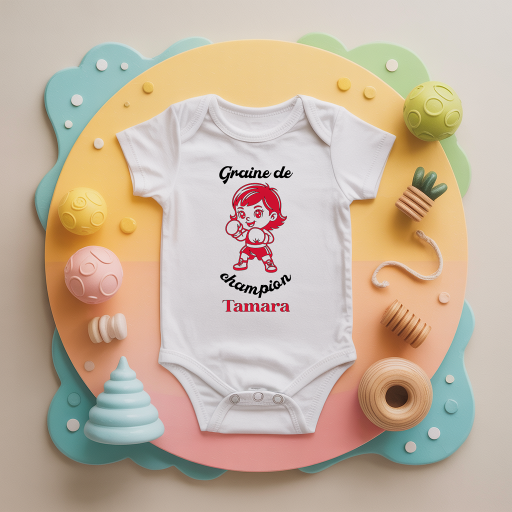 Body bébé personnalisé avec fille faisant de la boxe en coton par flocage, cadeau naissance - MARJANE et Cie