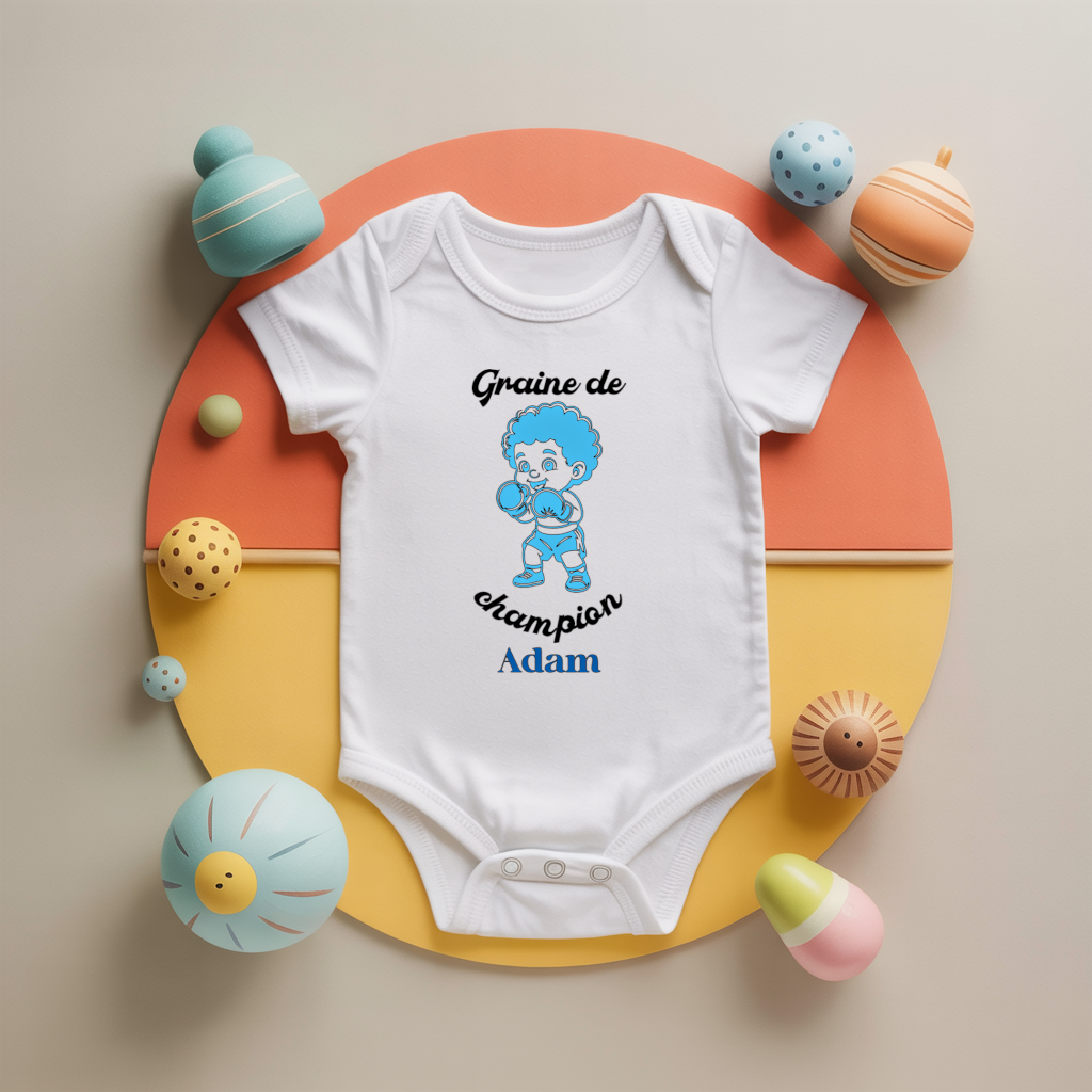 Body bébé personnalisé avec garçon faisant de la boxe en coton par flocage, cadeau naissance - MARJANE et Cie