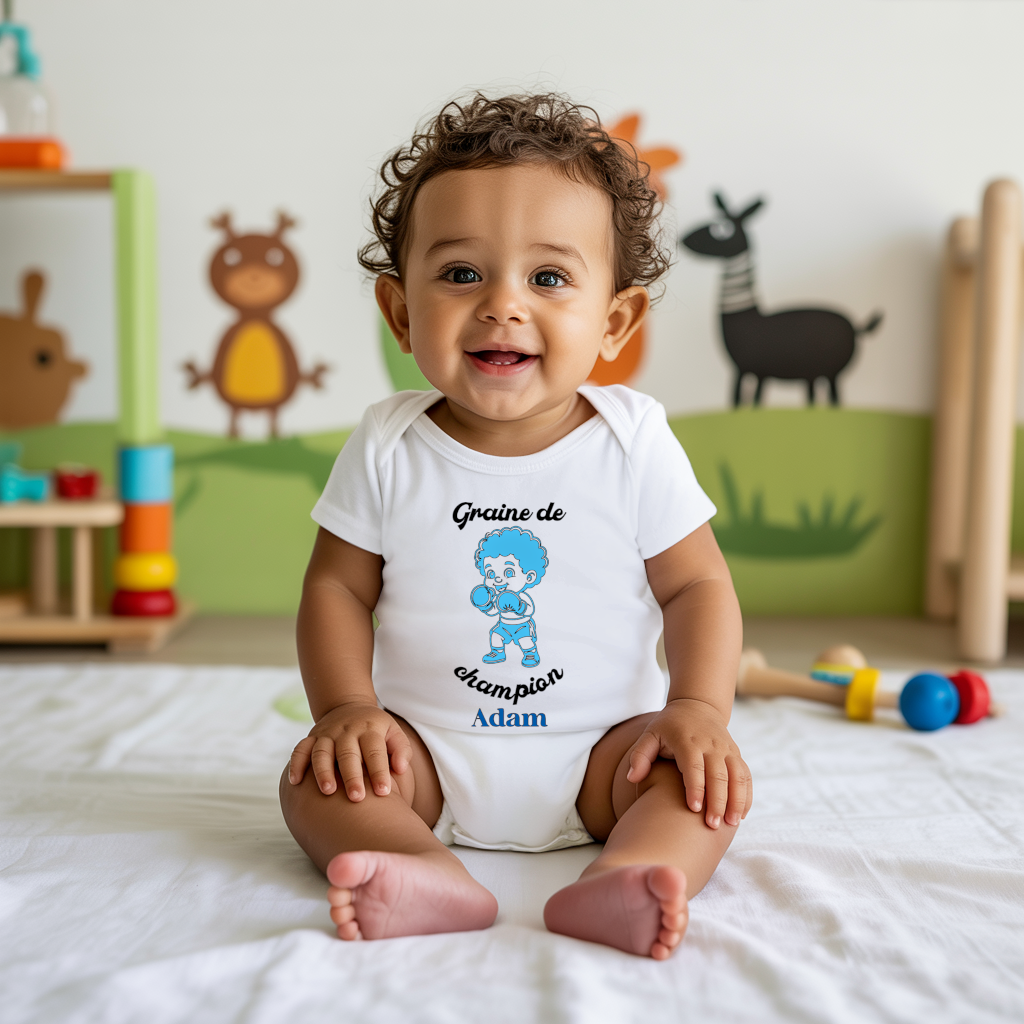 Body bébé personnalisé en coton garçon faisant de la boxe porté par bébé - MARJANE et Cie