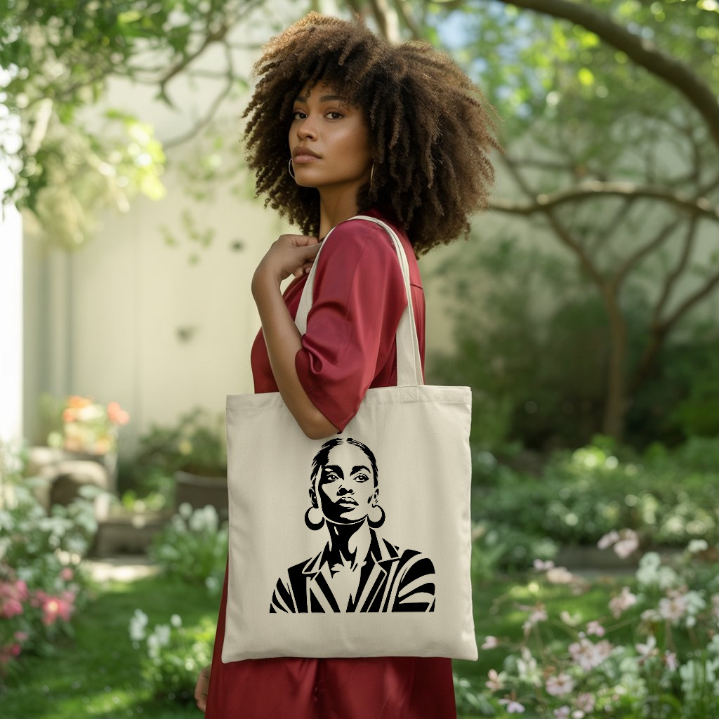 Tote bag femme avec illustration féminine puissante par flocage monochrome porté par une femme - MARJANE et Cie