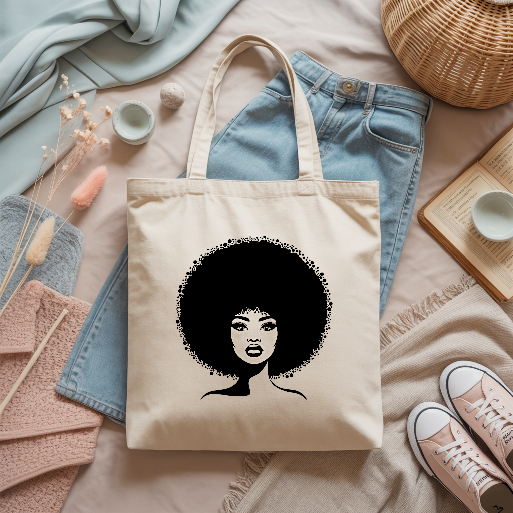 Tote bag femme avec illustration féminine affirmée en flocage noir posé à plat - MARJANE et Cie