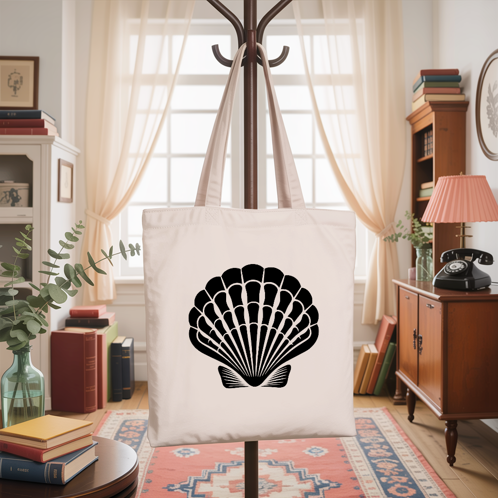 Tote bag femme coquille saint jacques suspendu à un porte manteau – univers de la mer - MARJANE et Cie