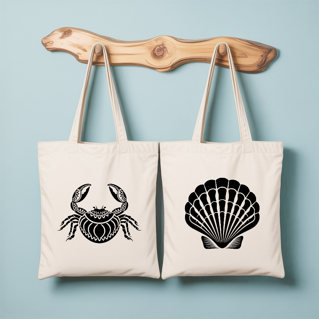 Tote bag femme avec illustration de coquille st jacques et verso flocage crabe au design artistique - MARJANE et Cie