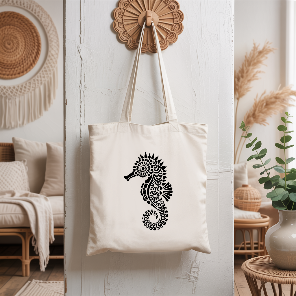 Tote bag femme illustration hippocampe suspendu – univers de la mer - MARJANE et Cie