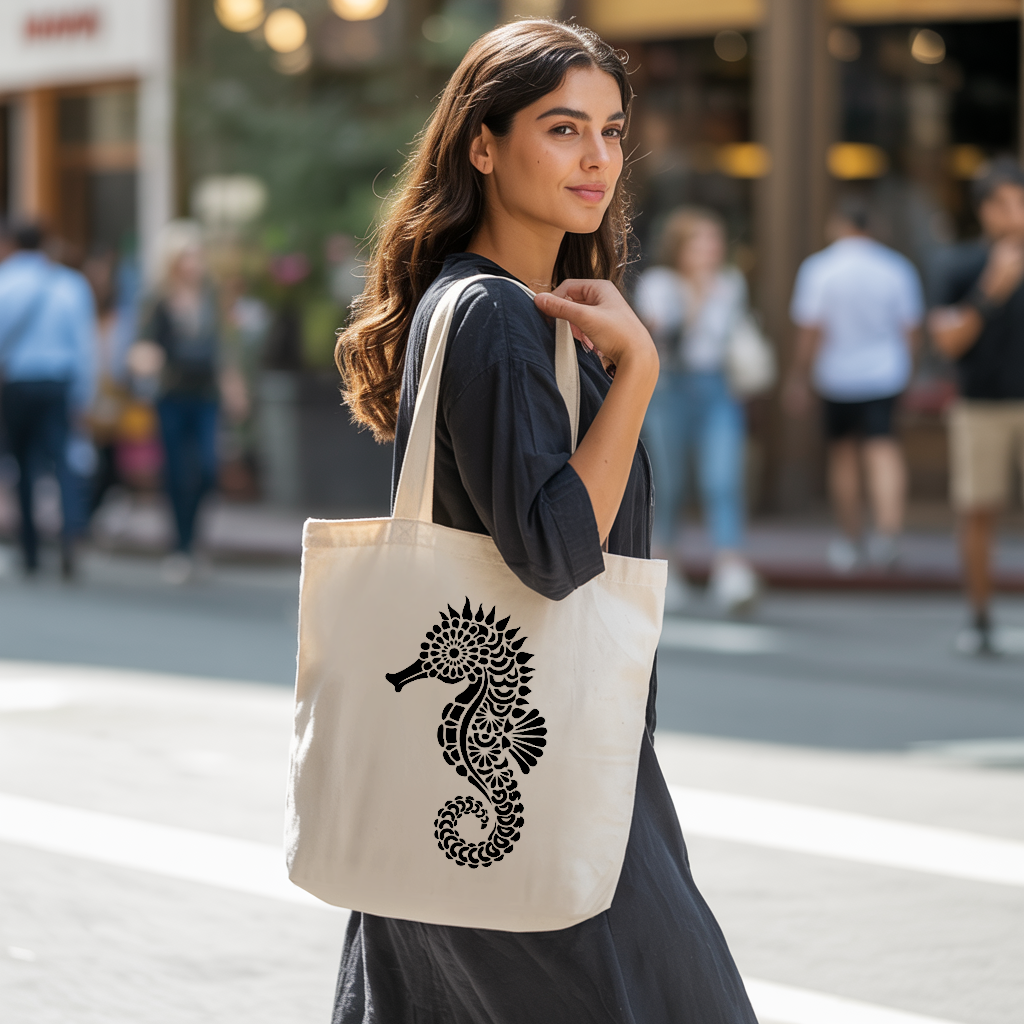 Tote bag femme avec hippocampe portée par une femme avec élégance – univers de la mer - MARJANE et Cie
