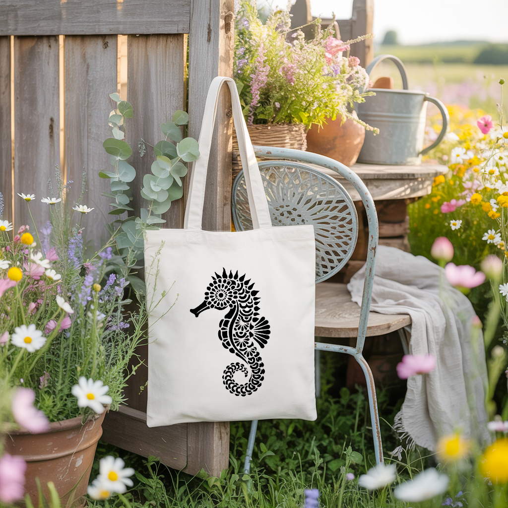 Tote bag femme illustration hippocampe suspendu à une chaise de jardin - MARJANE et Cie