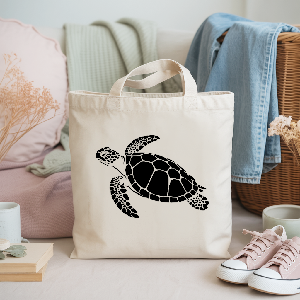 Tote bag femme avec illustration d’une tortue marine nageant en flocage monochrome noir – univers de la mer - MARJANE et Cie