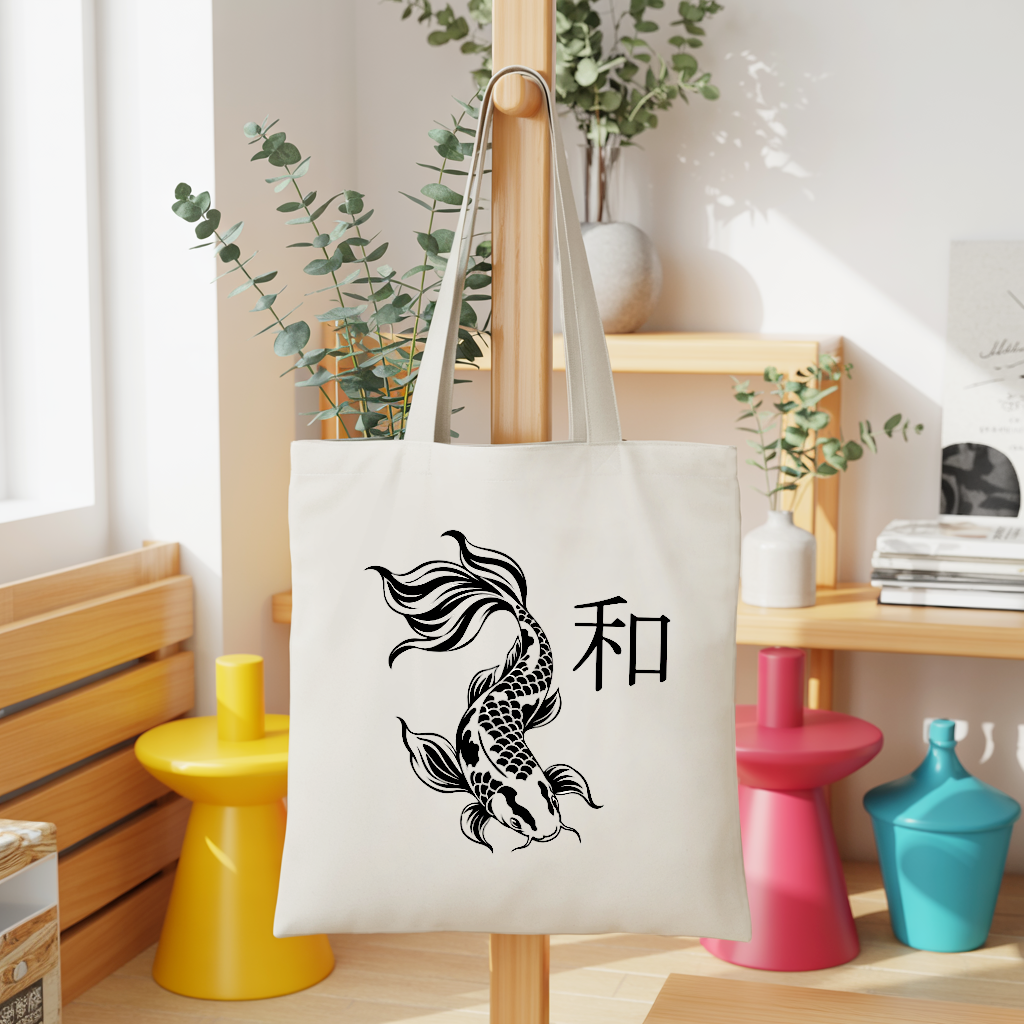 Tote bag femme inspiration japonaise suspendu, carpe harmonieuse - MARJANE et Cie