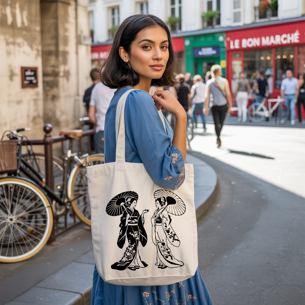 Tote bag femme porté, silhouettes japonaises monochrome pleine de grâce, flocage noir - MARJANE et Cie