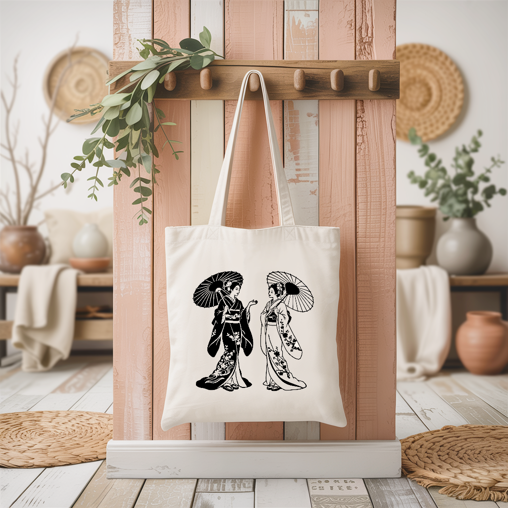 Tote bag femme inspiration japonaise suspendu, illustration raffinée de femmes avec ombrelles - MARJANE et Cie