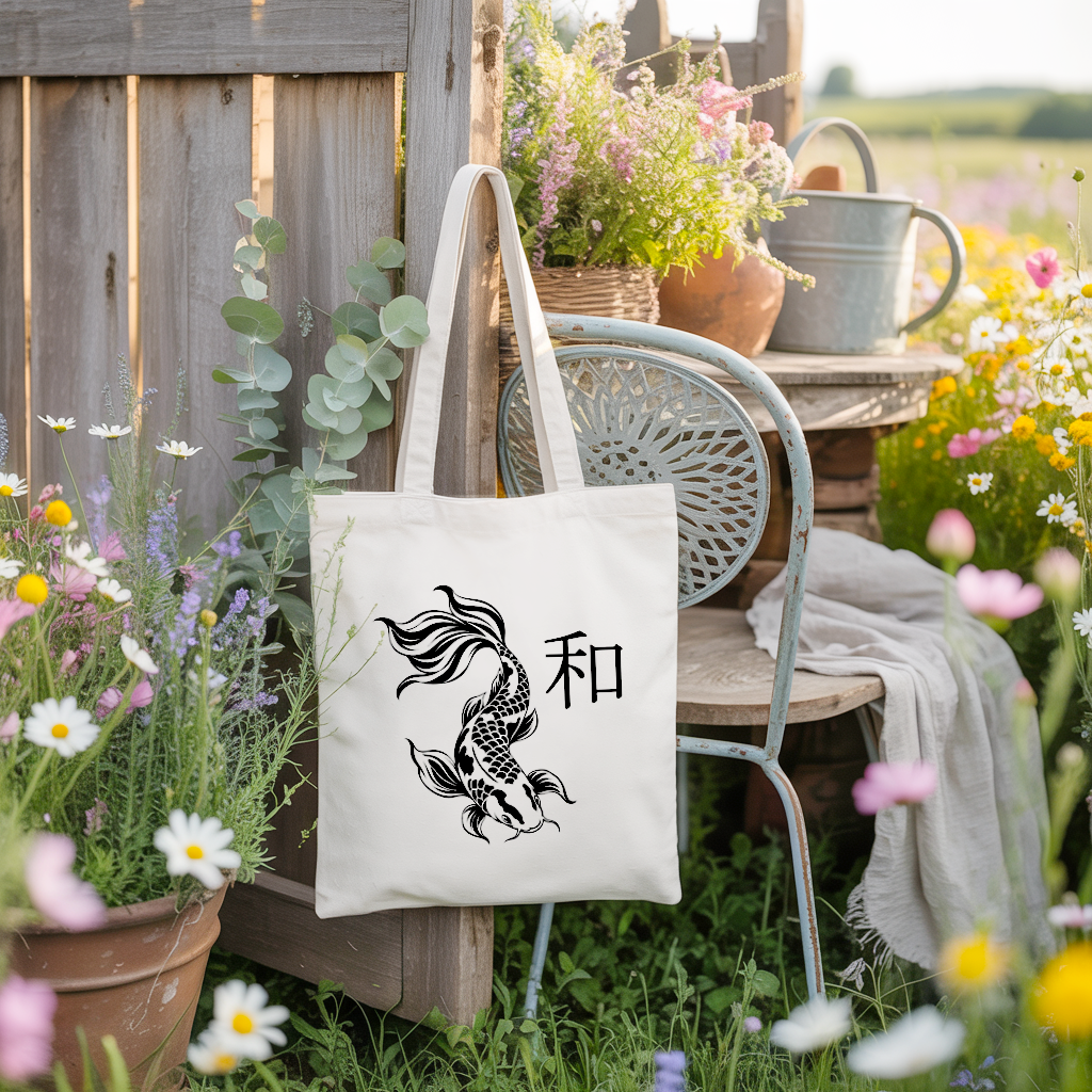 Tote bag femme inspiration japonaise suspendu, carpe harmonieuse, flocage - MARJANE et Cie