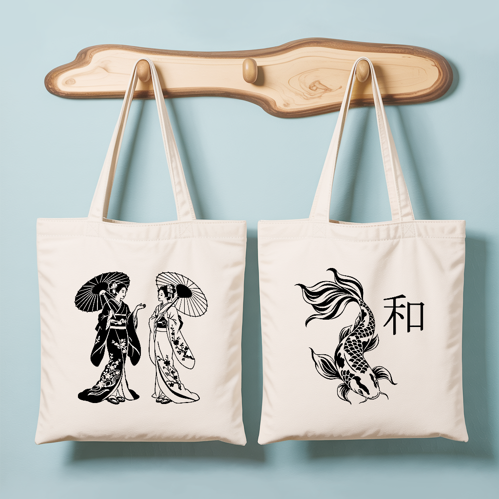 Tote bag femme inspiré du Japon avec silhouettes sous ombrelles et carpe harmonieuse en noir et blanc - MARJANE et Cie