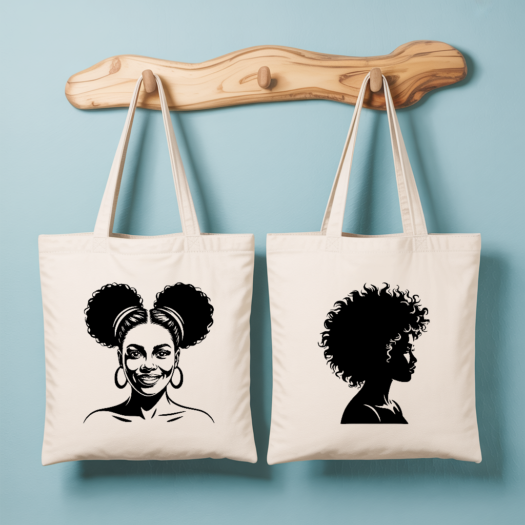Tote bag femme force et élégance avec portrait féminin et silhouette monochrome - MARJANE et Cie