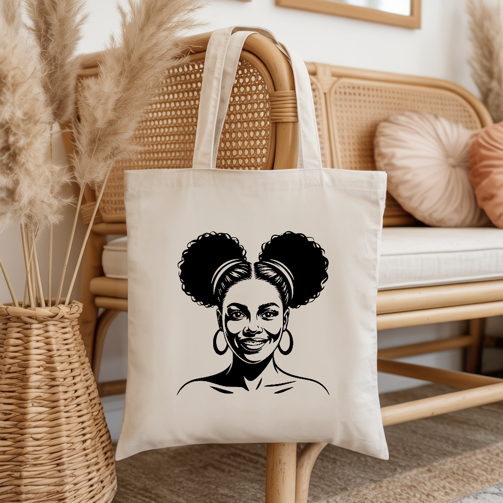 Tote bag femme avec portrait féminin élégante au regard affirmé suspendu - MARJANE et Cie