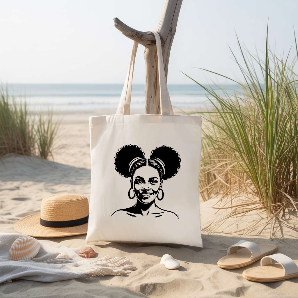 Tote bag femme avec portrait féminin afro au regard affirmé suspendu - MARJANE et Cie