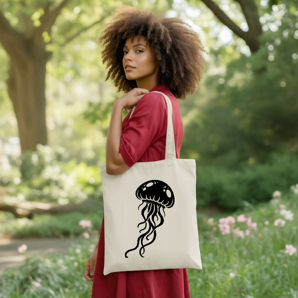 Tote bag femme avec illustration de méduse monochrome porté par une femme - mer - MARJANE et Cie