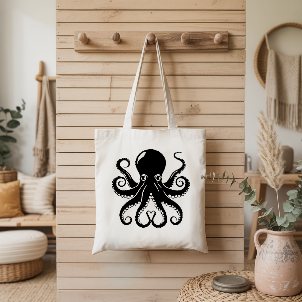Tote bag femme pieuvre en flocage noir suspendu à un porte-manteau - mer - MARJANE et Cie