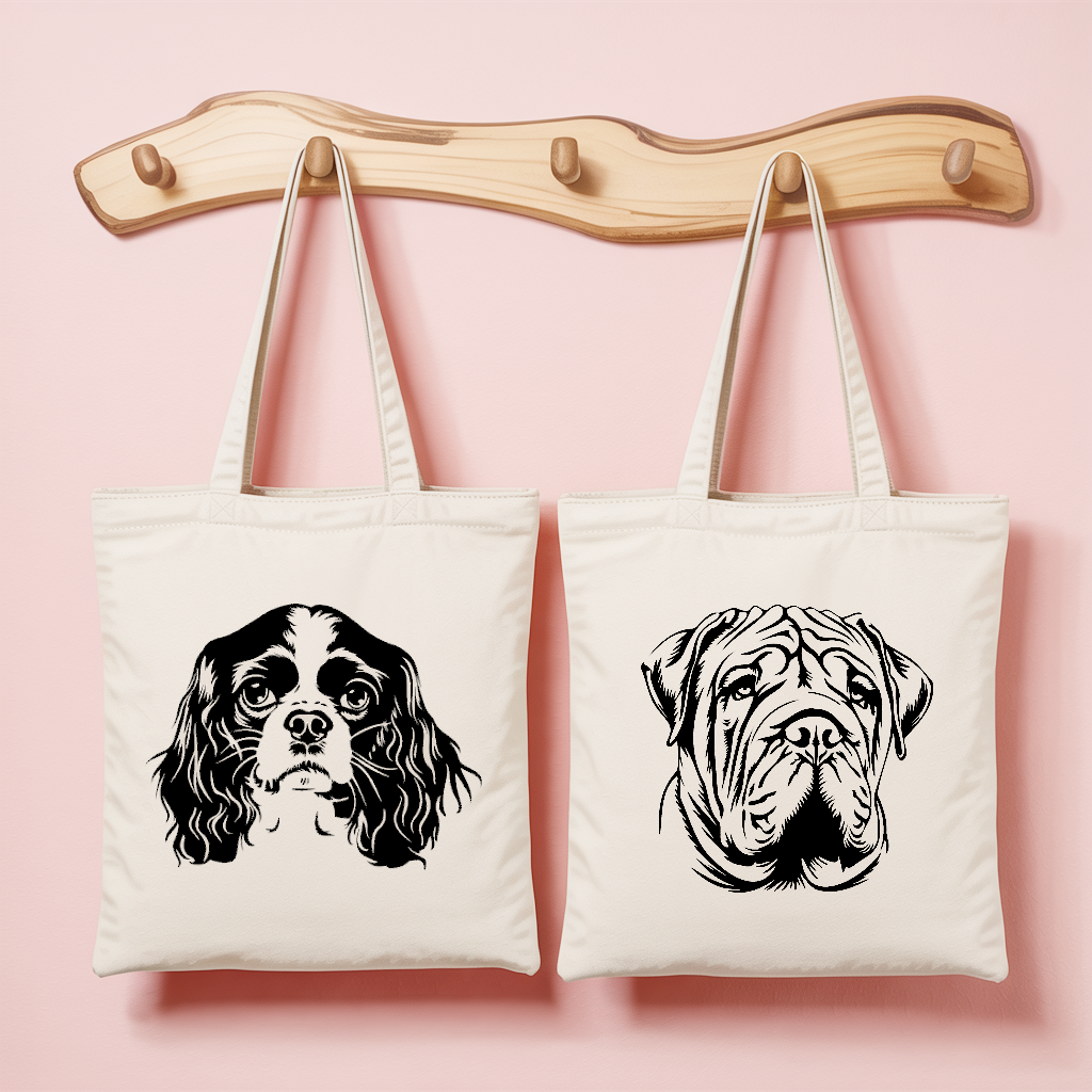Tote bag femme avec chiens Cavalier King Charles et Shar Pei en flocage monochrome - MARJANE et Cie