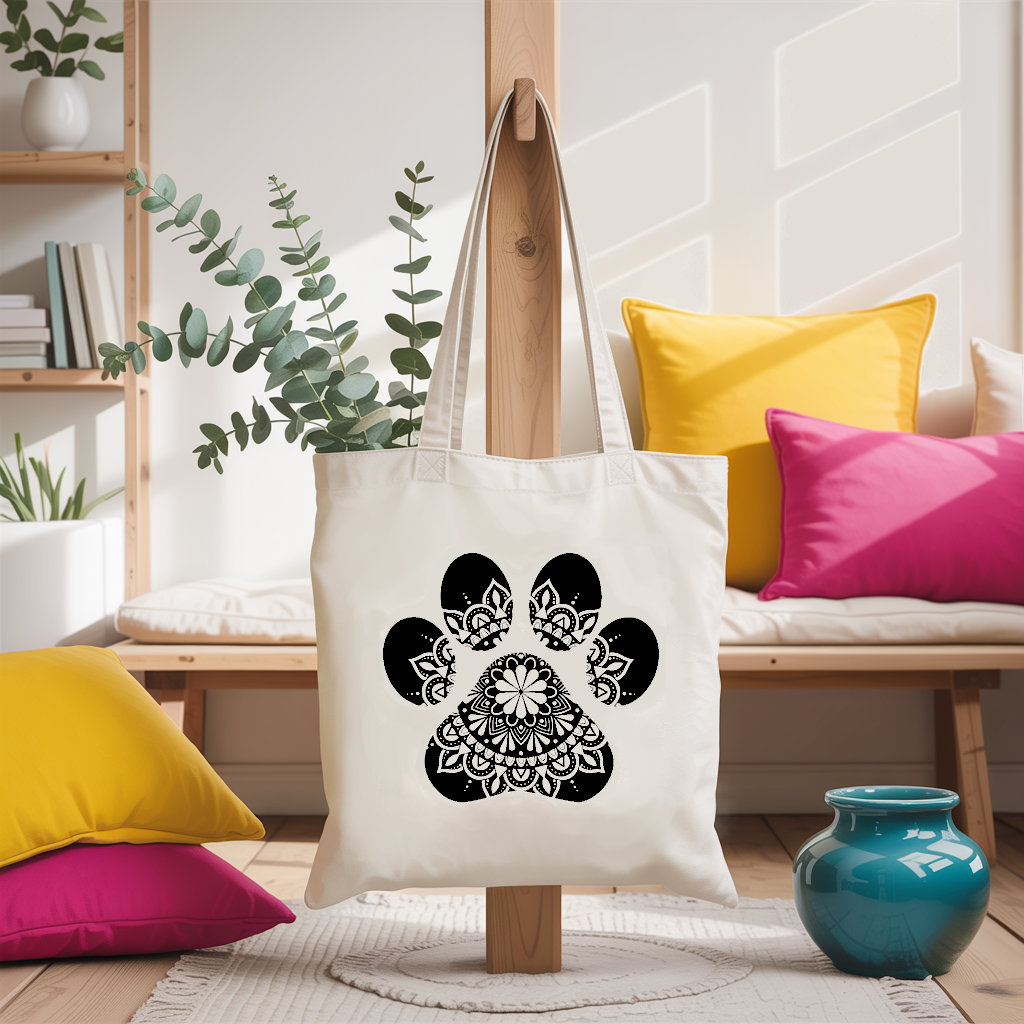 Tote bag femme patte de chien mandala monochrome par flocage suspendu - MARJANE et Cie
