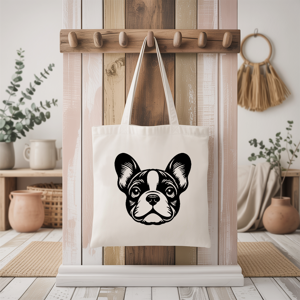 Tote bag femme chien bouledogue français monochrome par flocage suspendu à une patère - MARJANE et Cie