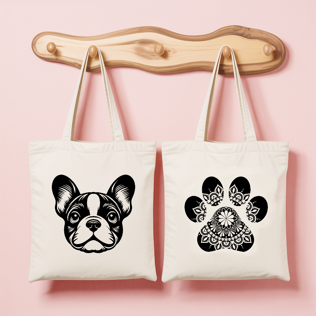 Tote bag femme avec chien bouledogue français et patte mandala en flocage monochrome - MARJANE et Cie