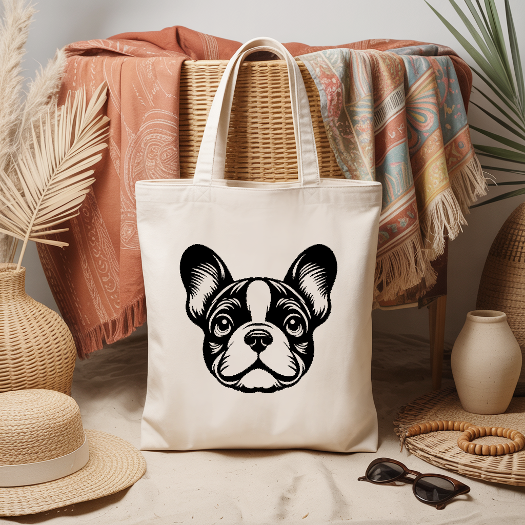 Tote bag femme avec tête de chien bouledogue français en flocage noir - MARJANE et Cie