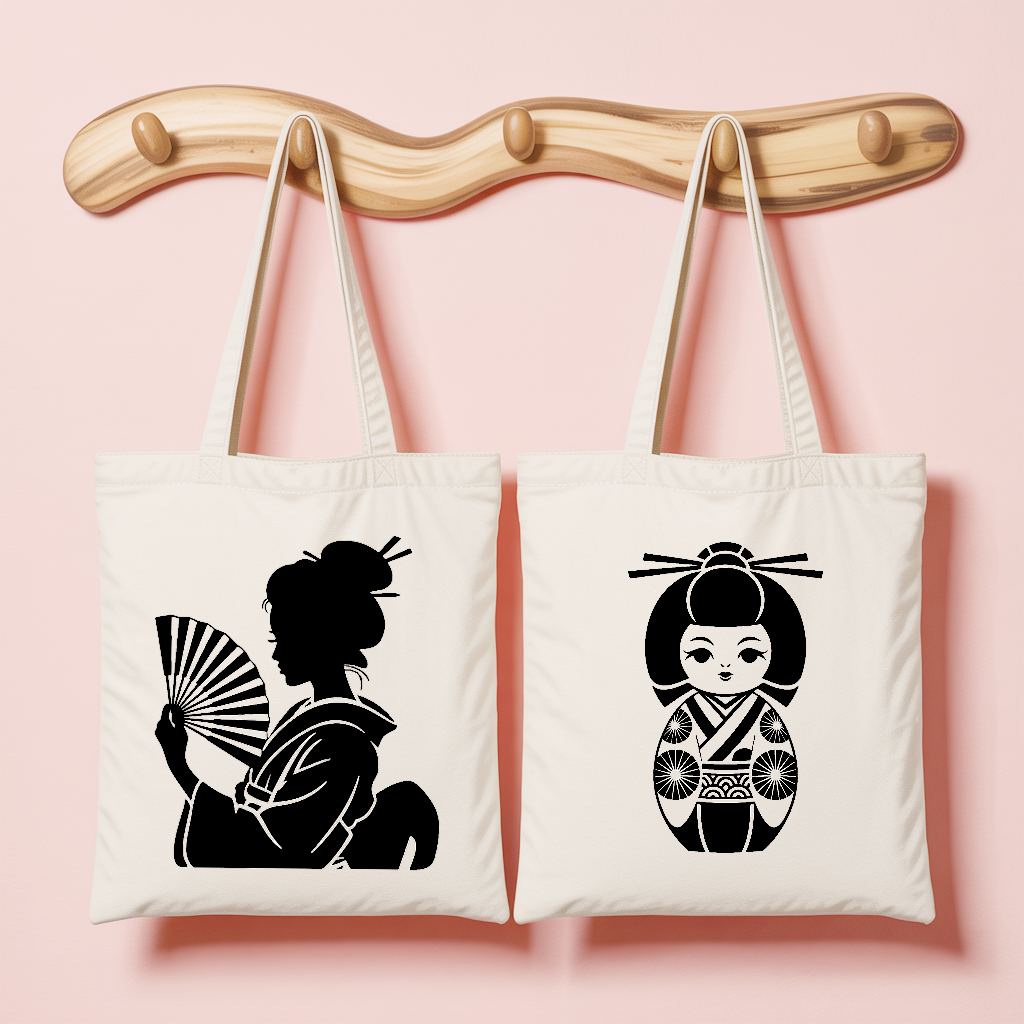Tote bag femme inspiration japonaise avec portrait en tenue traditionnelle et poupée Kokeshi noir - MARJANE et Cie