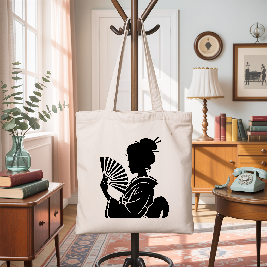 Tote bag femme inspiration japonaise suspendu, silhouette élégante à l’éventail, flocage monochrome - MARJANE et Cie