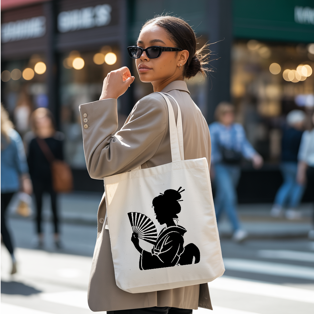 Tote bag femme porté, silhouette japonaise monochrome pleine de finesse, flocage - MARJANE et Cie