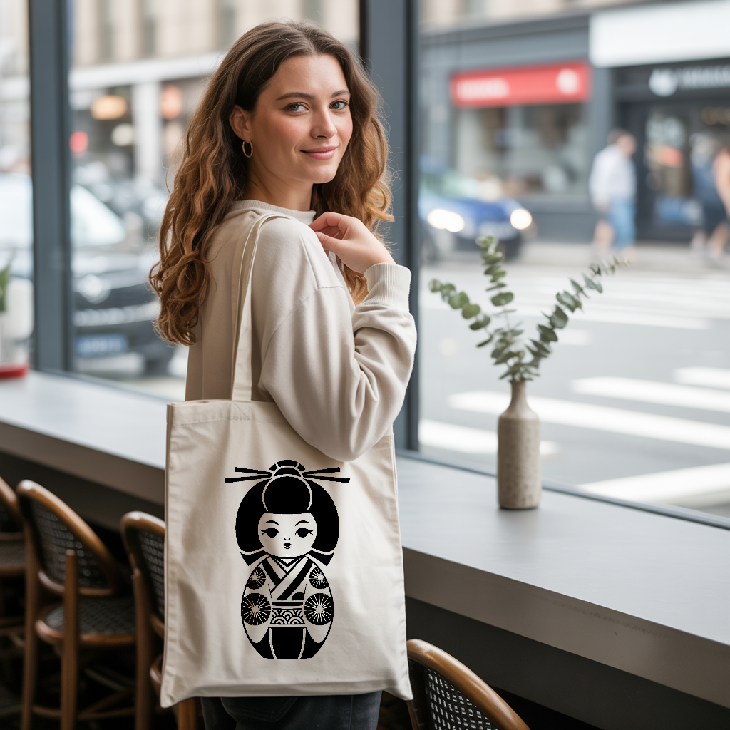 Tote bag femme porté, illustration japonaise de poupée Kokeshie - MARJANE et Cie