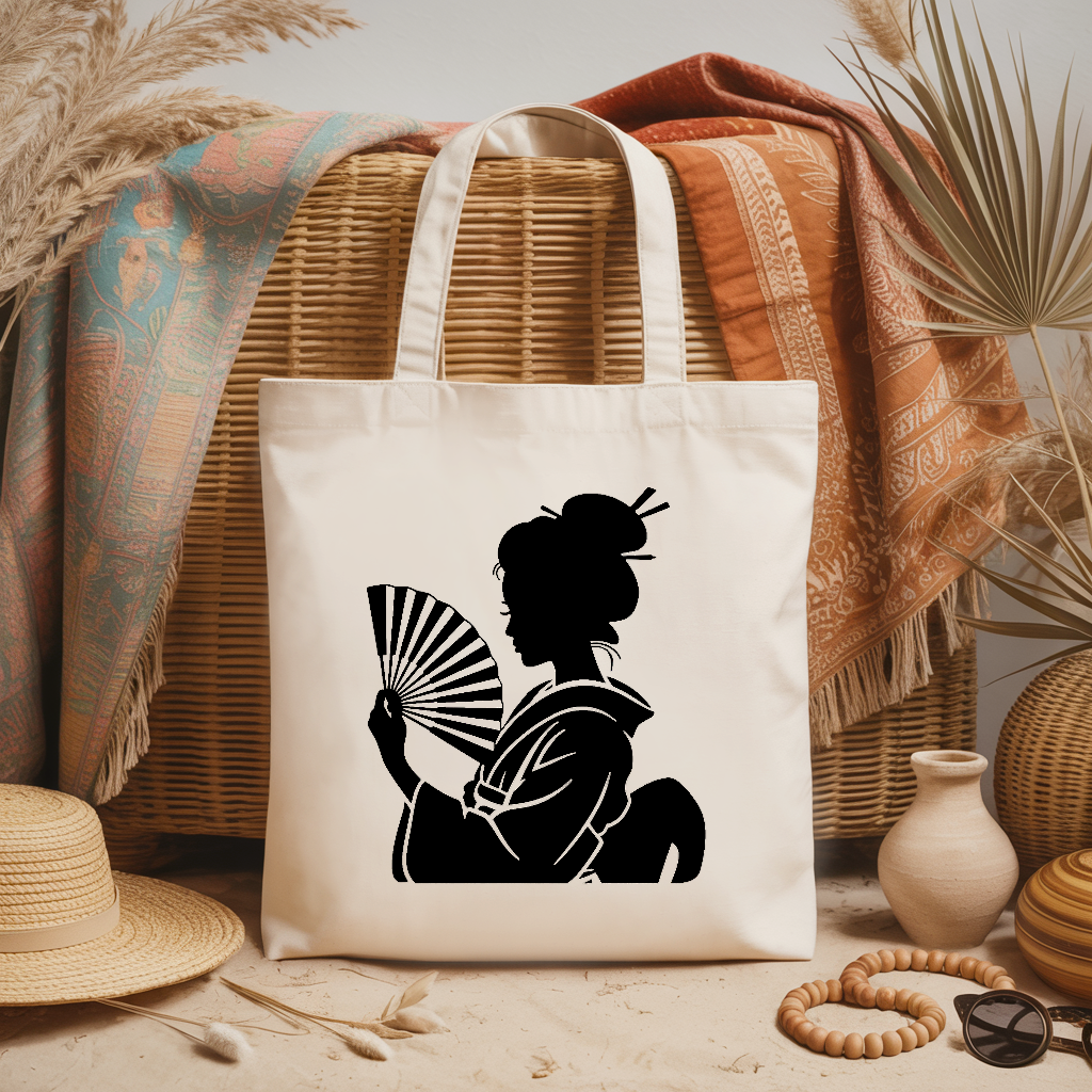 Tote bag femme silhouette japonaise à l’éventail en noir et blanc - MARJANE et Cie