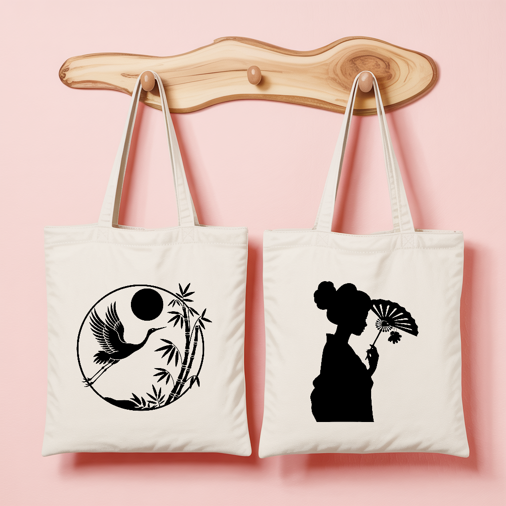 Tote bag femme inspiration japonaise avec grue et bambou et silhouette à l’éventail en noir et blanc - MARJANE et Cie
