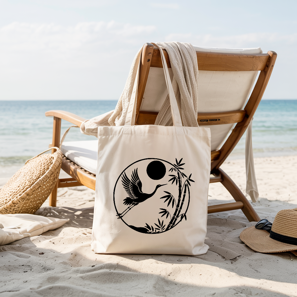 Tote bag femme esthétique japonaise suspendu, grue et bambou - MARJANE et Cie