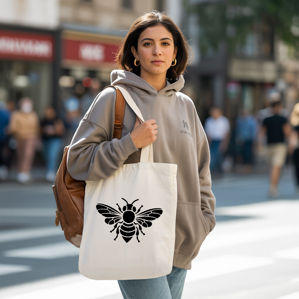 Tote bag femme porté, illustration d’abeille symbolique et élégante, flocage - MARJANE et Cie