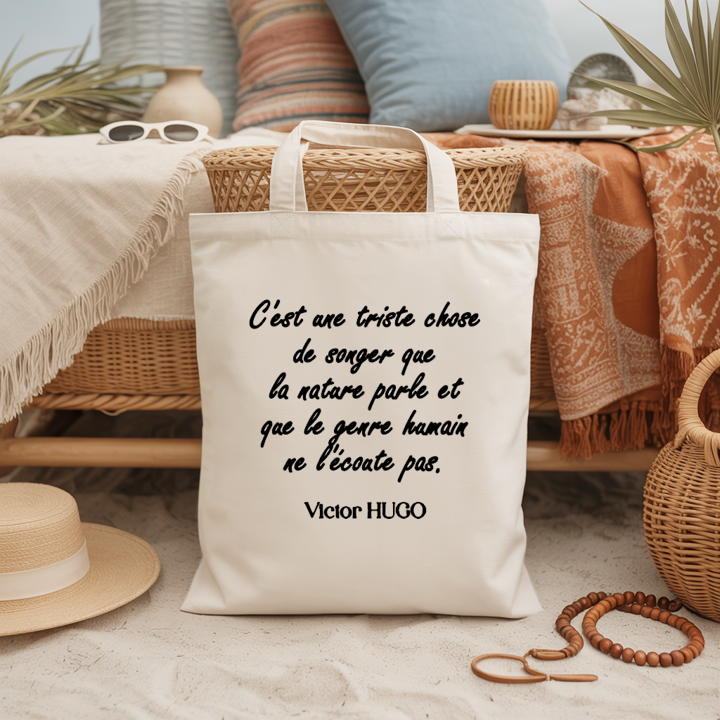 Tote bag femme citation de Victor Hugo flocage noir, message engagement nature - MARJANE et Cie