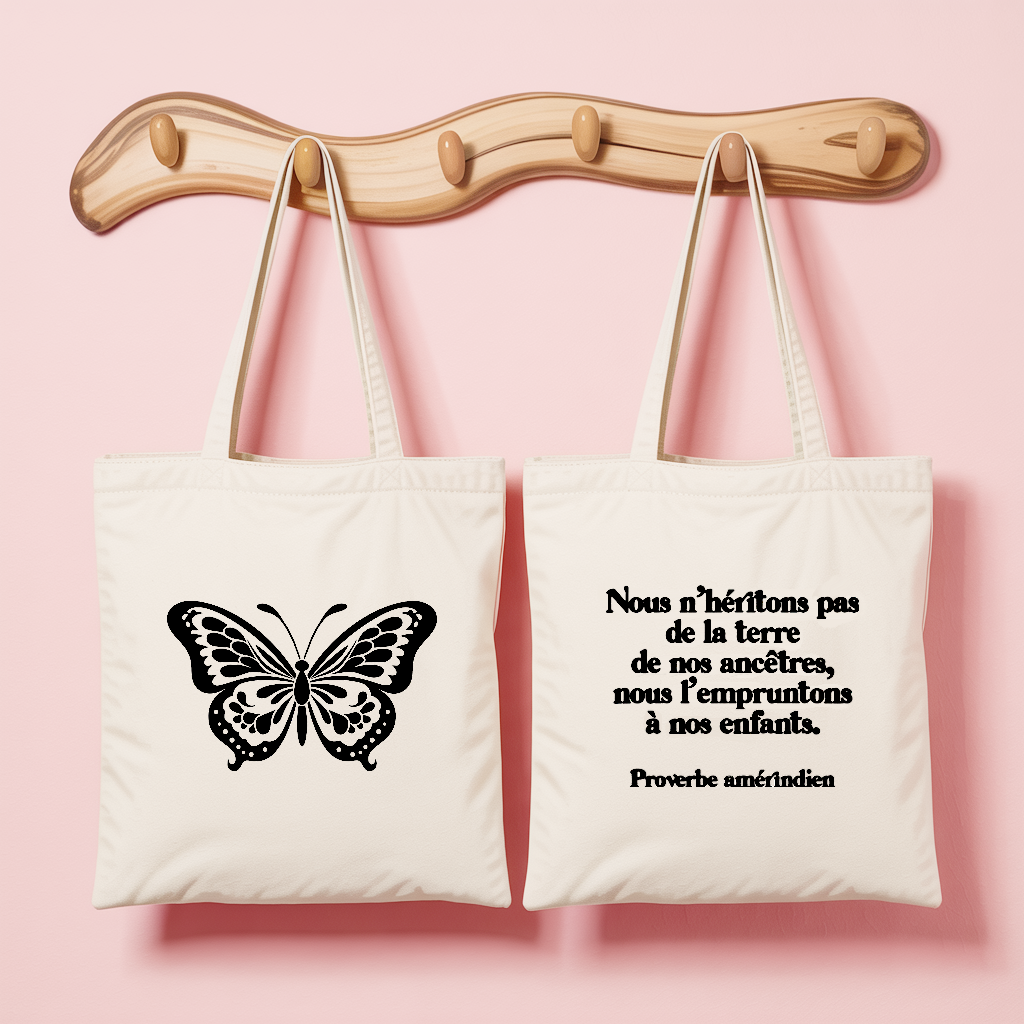 Tote bag femme monochrome avec papillon aux ailes déployées et citation engagée, double face floquée - MARJANE et Cie