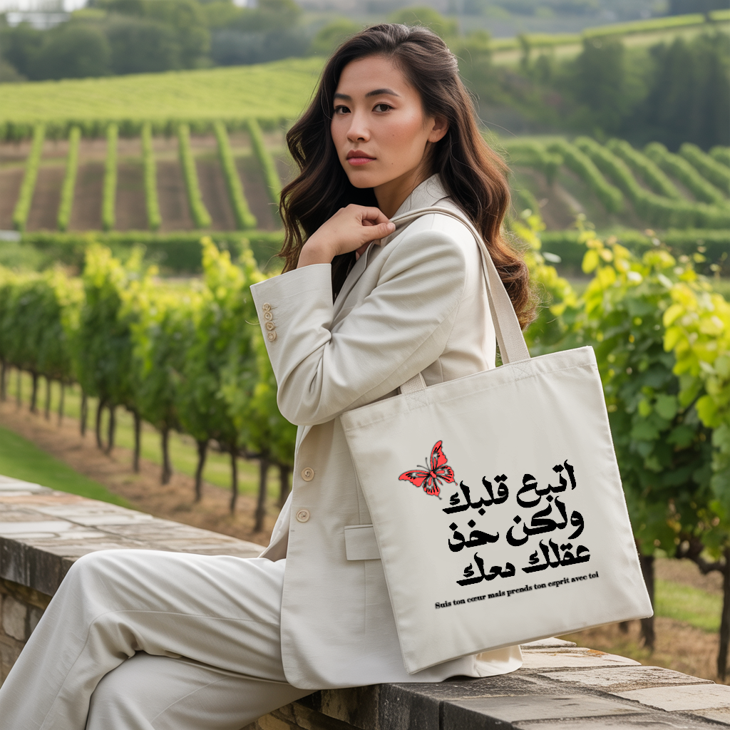 Tote bag femme avec citation en arabe inspirante flocage monochrome porté par une femme - MARJANE et Cie