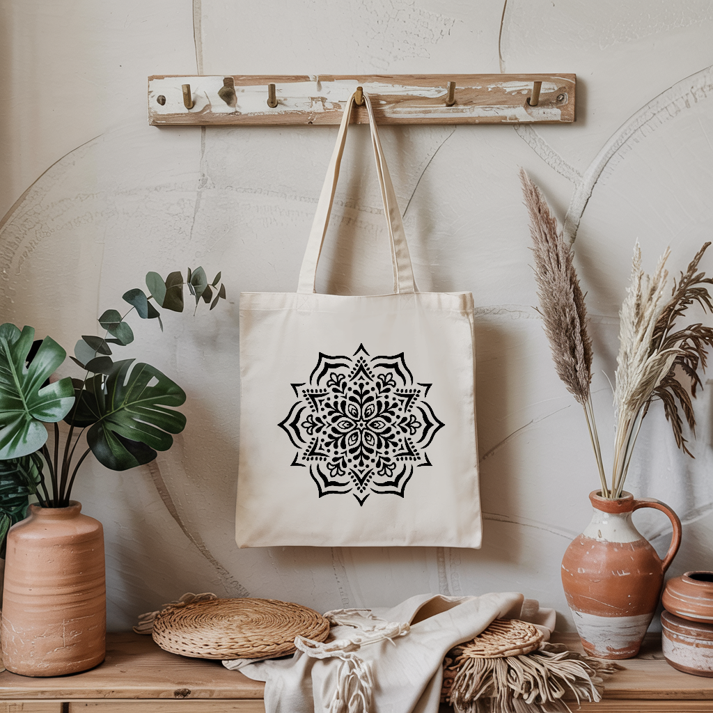Tote bag femme design mandala suspendu, illustration fine en noir, flocage - MARJANE et Cie