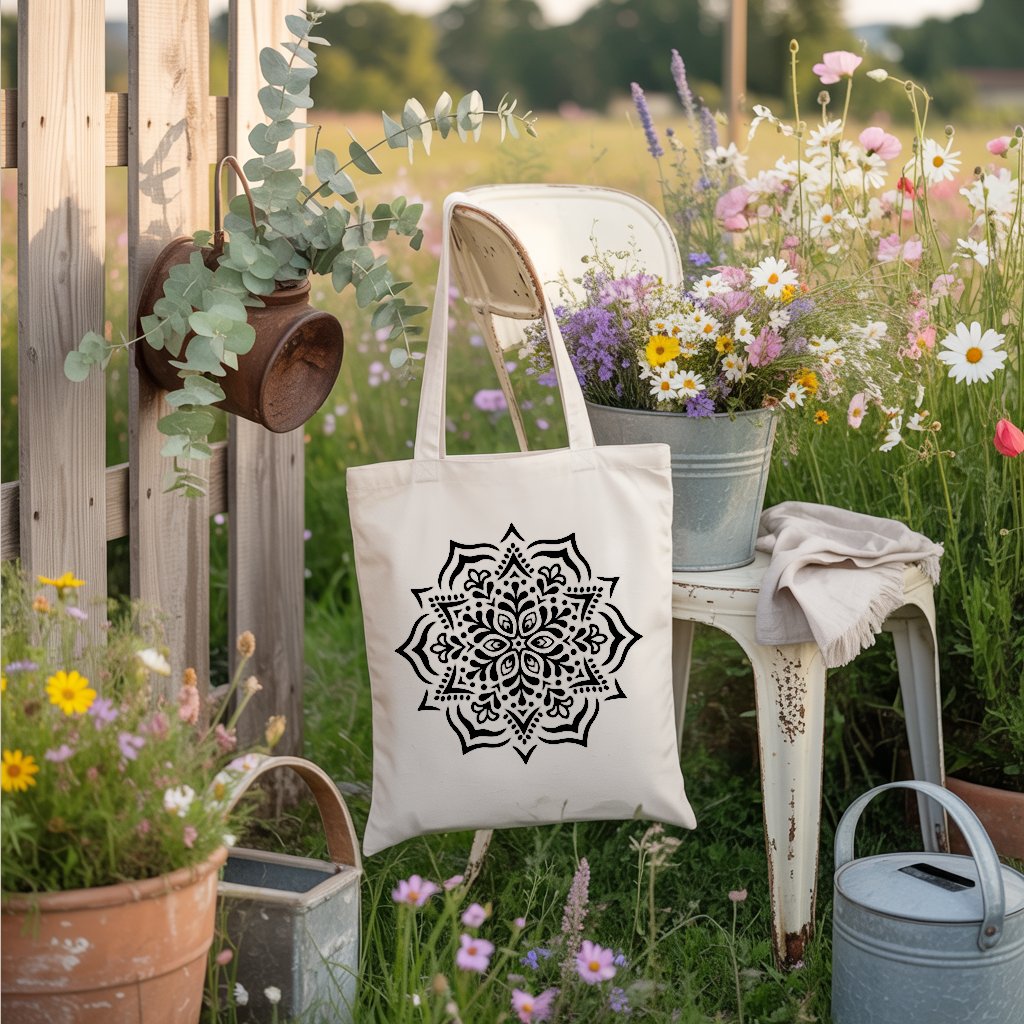 Tote bag femme mandala monochrome, suspendu à une chaise de jardin - MARJANE et Cie
