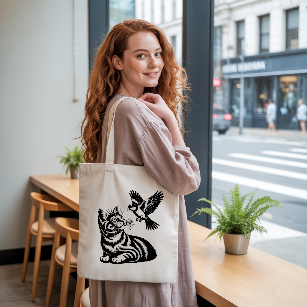 Tote bag chat femme porté par une femme avec élégance – illustration colorée recto – MARJANE et Cie